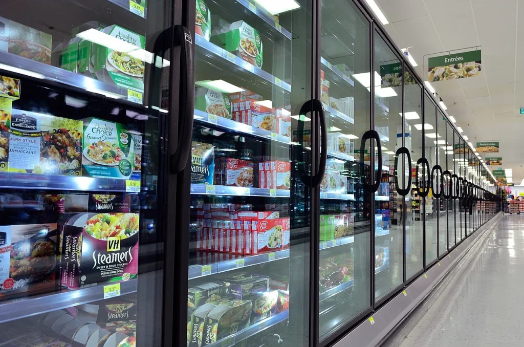 Glass-fronted supermarket frozen-food cabinets