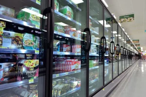 Glass-fronted supermarket frozen-food cabinets