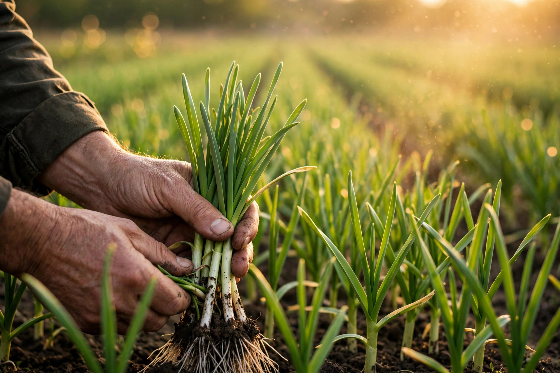 Farmer harvesting fresh green garlic sprouts at the planting base