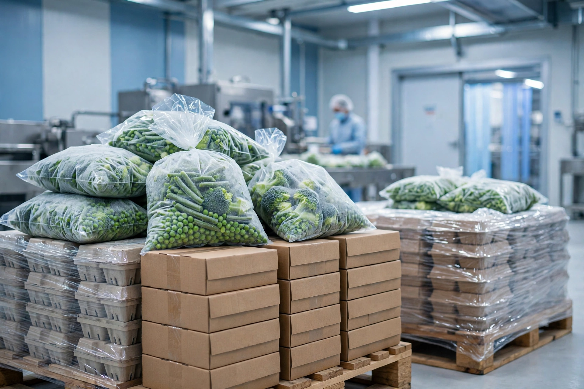 Export cartons of IQF frozen vegetables packed for cold chain shipment