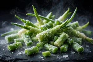 IQF frozen garlic sprouts covered in frost crystals, export grade