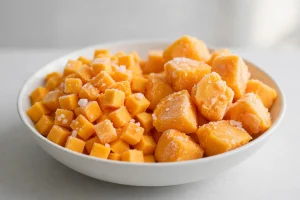 IQF frozen mango dices and chunks covered in frost crystals