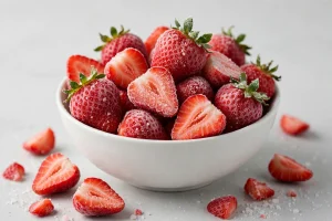 IQF frozen strawberries, whole and sliced halves covered in frost crystals