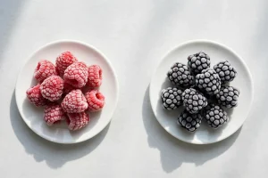 Frosty raspberries vs blackberries on white plates