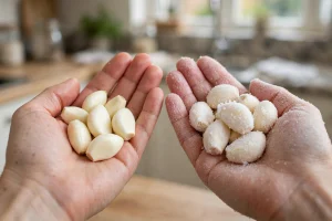 Fresh peeled garlic vs IQF frozen garlic held in hands
