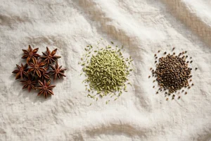 Star anise, fennel seeds and aniseeds arranged on linen fabric