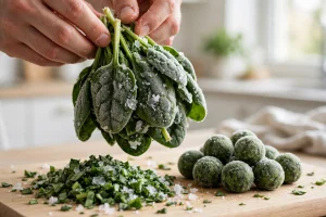 Hands holding frosty IQF spinach leaves with chopped spinach and spinach balls on cutting board