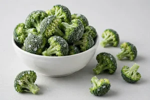 IQF broccoli florets with frost crystals in a white bowl