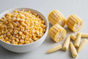Frozen sweet corn kernels, corn cob portions and baby corn