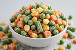 Frozen mixed vegetables with frost crystals in a white bowl