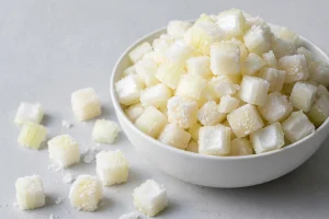 Frozen diced onion with frost crystals in a white bowl