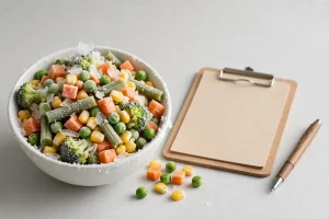 Frozen vegetables with quality inspection clipboard and pen