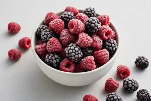 Frozen raspberries and blackberries with frost crystals in a white bowl