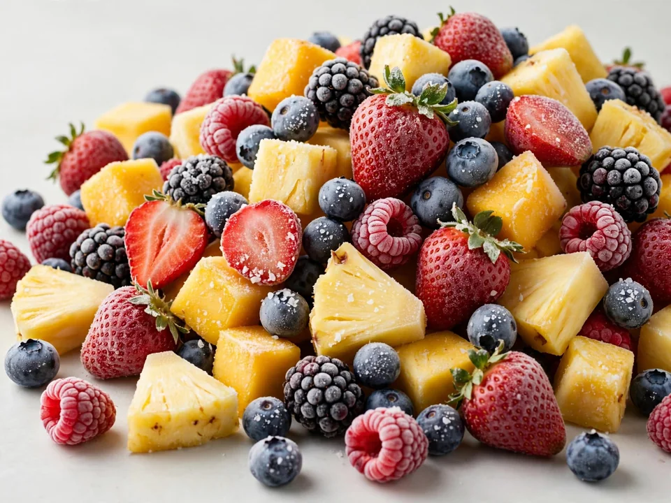 Strawberries, blueberries, blackberries and cut tropical fruit